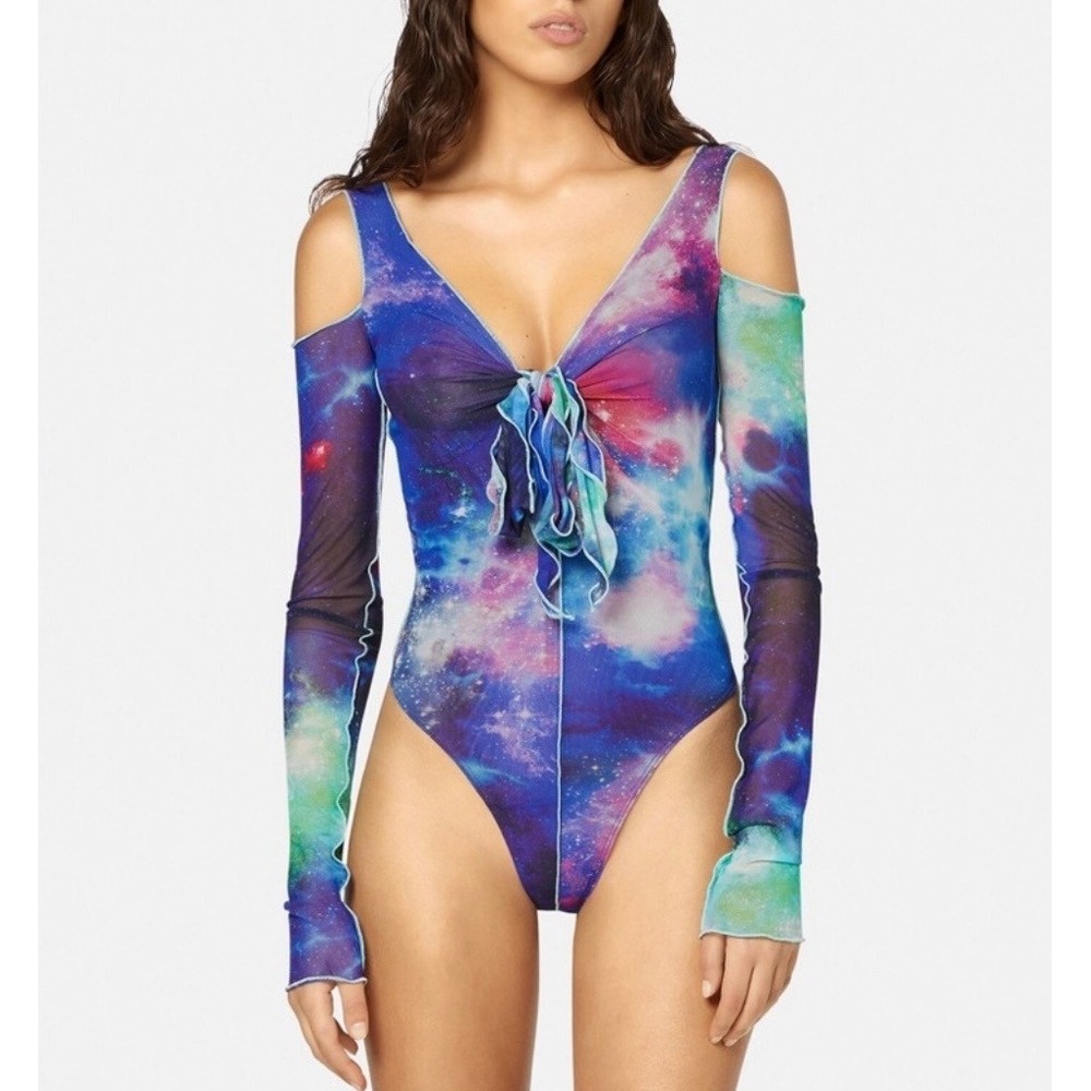 VERSACE JEANS COUTURE Bodysuit Women 12 Blue Space Galaxy Sheer Mesh Tie Front
